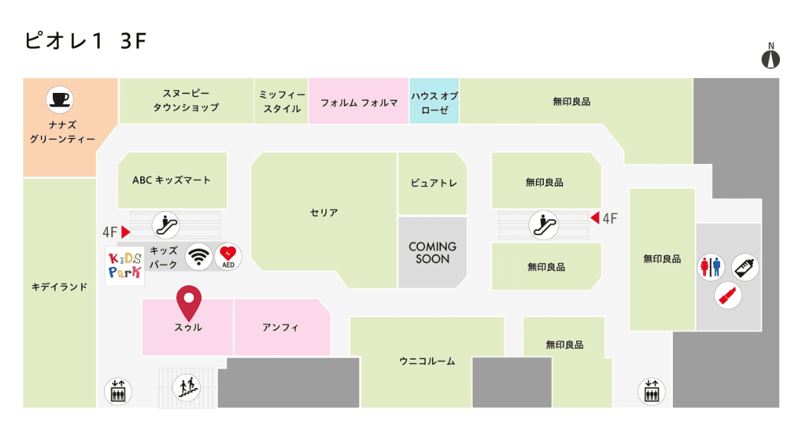 物販テナント出店募集区画 キッズスペース前区画の図面・フロアマップ